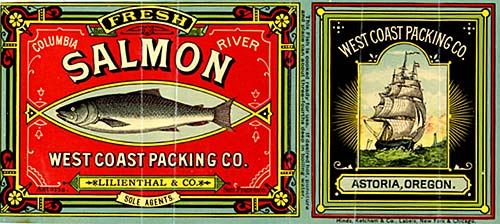 Drawing of salmon on left. On right, drawing of a full-rigged sailing ship with words "West Coast Packaging Co." above.