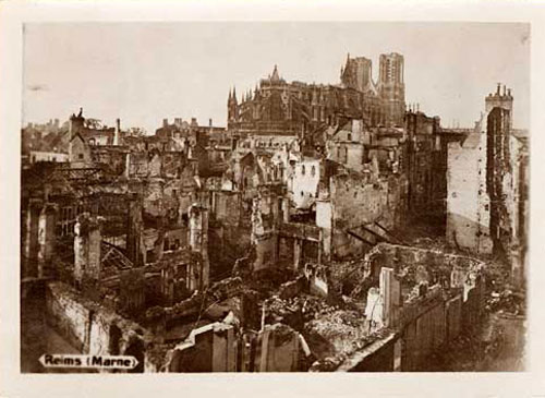 Buildings in Reims, France with only partial walls standing and crumbling ruins.