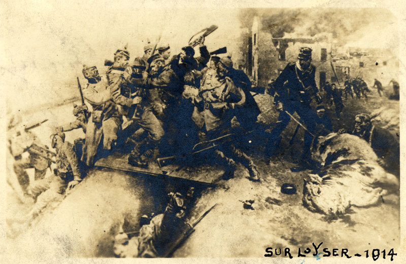 A dozen men engage in hand-to-hand combat over a trench in World war I