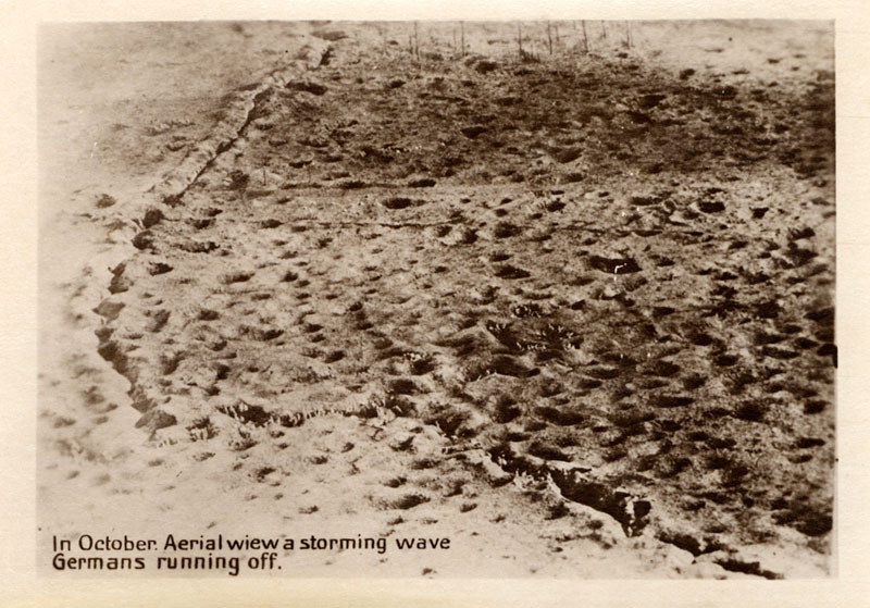 Aerial view of battlefield with trench lines.