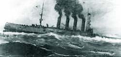 USS San Diego ship shown in stormy waters with smoke billowing from 4 stacks