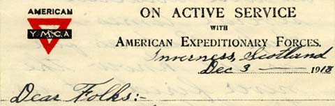 American YMCA letter head used by Ebert L. Philpott to send letter to his family.