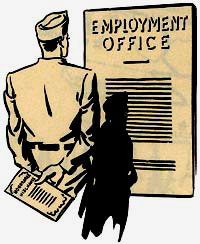 Drawing of soldier in front of sign reading "Employment office"