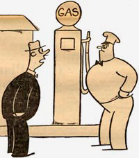 Cartoon of 2 men standing next to gas pumps.