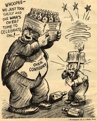 Fat man with "Over-confidence" written on belly says "Whoopee" to another man while holding "another case of false optimism" 