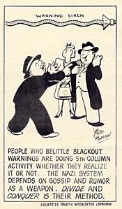 3 cartoon people talking, "People who belittle blacout warnings are doing 5th column activity whether they realize it or not."