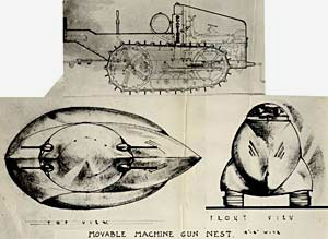 Drawing of a movable machine gun next from front, top and side view.