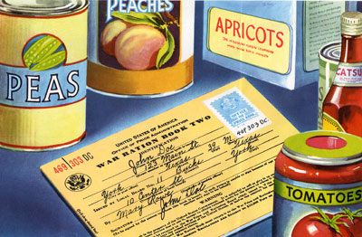 Illustration of war ration book on a table surrounded by cans of food.