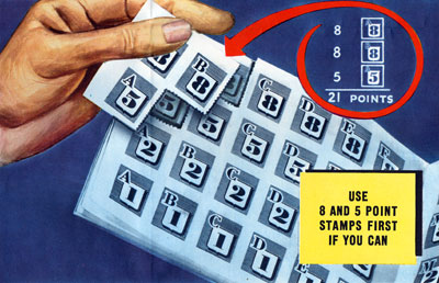 Illustration of stamps from a ration book with different point values from 1 to 8.