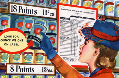 Illustration of woman at grocery store taking a can of food from a shelf.