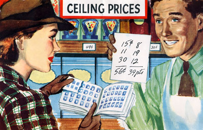 Illustration of woman holding ration book in front of a man holding a piece of paper with 56 cents eualing 39 points.