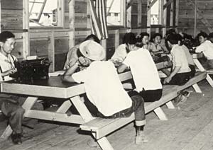 Men sitting at long tables in front of other men using typewriters.