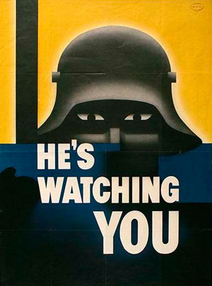 Dark helmet with eyes below and the words "He's Watching You."