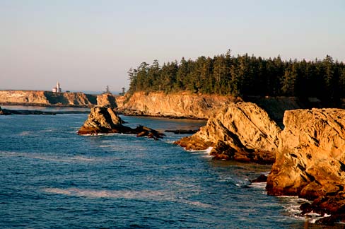 High rock coastline with no sand beach. Trees line the ridge of one rock.