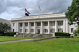 Douglas County courthouse 2 story building, primary style Beaux Arts, Concrete siding, listed as historic building.