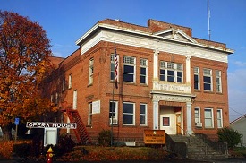 Elgin Opera House is a  two-story, colonial revival brick structure with stone foundation.