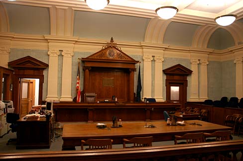 Wooden judges bench in Clatsop County Courthouse.