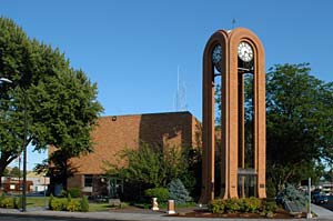 Clock town stands next to Umatilla County Courthouse.