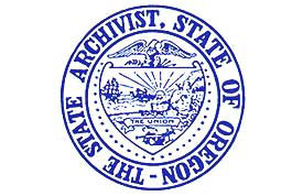 Round seal: around outside words "The State Archivist, State of Oregon." Inside image of eagle, covered wagon train, ship at sea