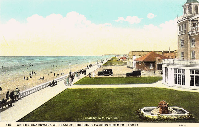 Colorized drawing of people walking a boardwalk along a beach. 