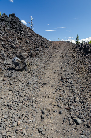 A steep, narrow gravel road. Blue sky on the horizon.