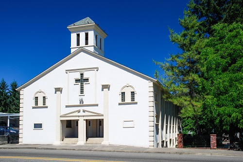 A church with a bell tower.