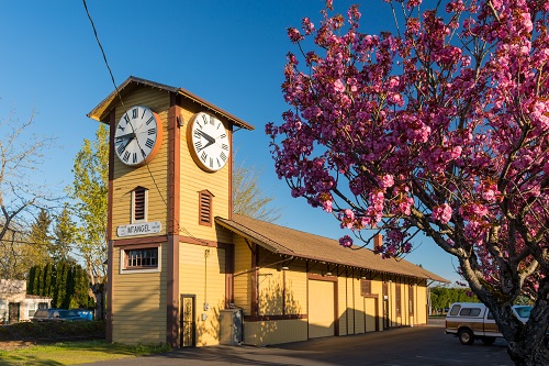 A tower with clock at top. Numbers on clock are in Roman Numerals. A tree with pink blossoms blooms to the right.