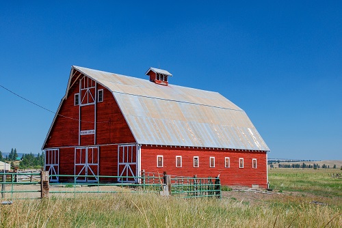 Red barn with 1 chimney coming out center of roof. Metal corral around 1 side. Tall grass around remainder of barn.