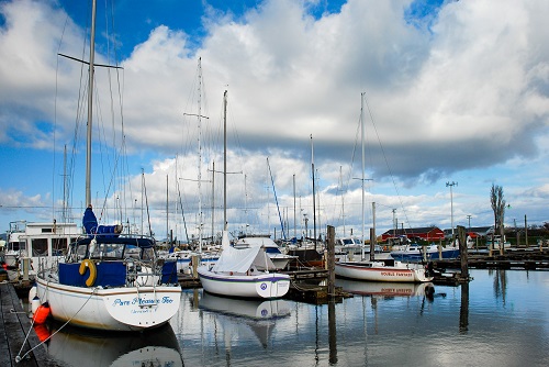 Sailboats with their sails down lined up at docks. 