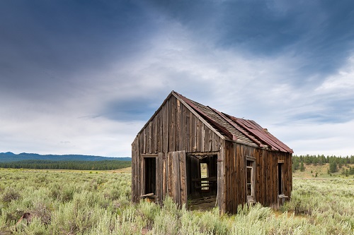 One room shack with no more doors or windows sits on a grassy field.