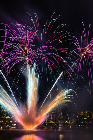 white, orange and purple fireworks at the Waterfront Blues Festival